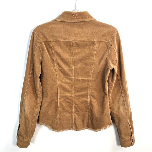 Vintage Y2K GUESS Corduroy Shirt Jacket Raw Hem Camel Snap Front Large - Picture 2 of 10